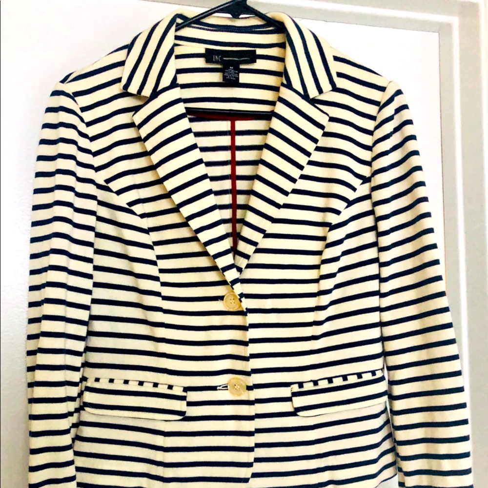 INC International Concepts Cream and Navy Striped Blazer